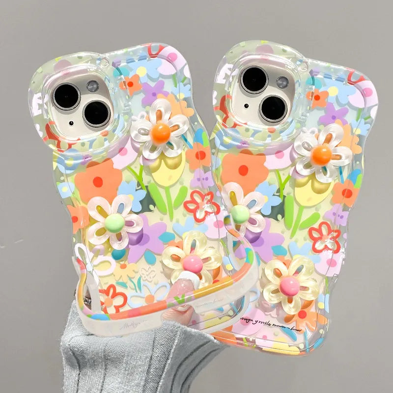 Colorful kawaii floral phone case on a gray background