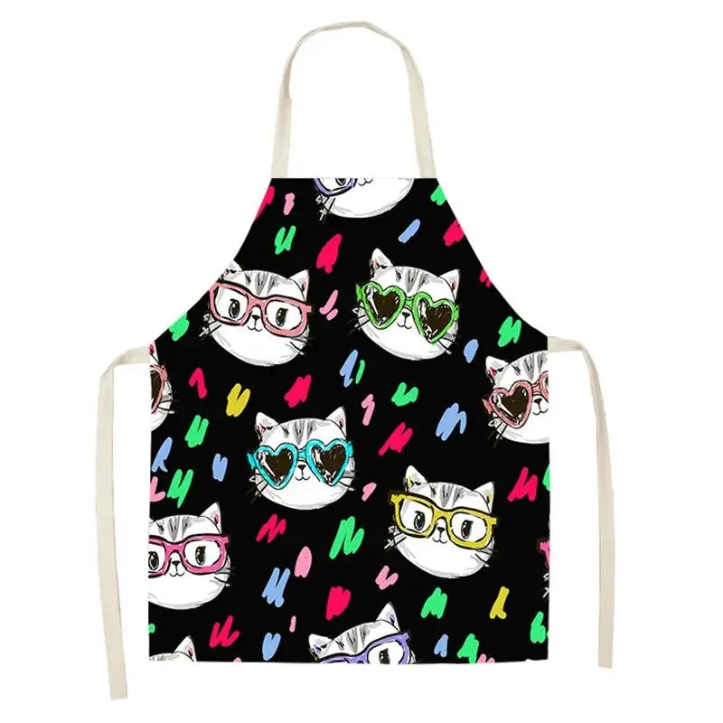 Apron with cat Kawaii pattern wearing glasses on a black background
