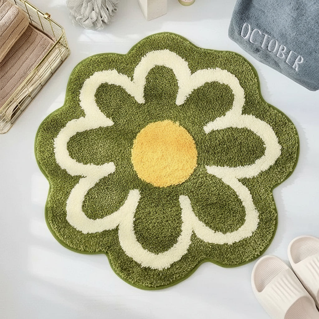 Floral-shaped green kawaii rug with a yellow center on a white floor.