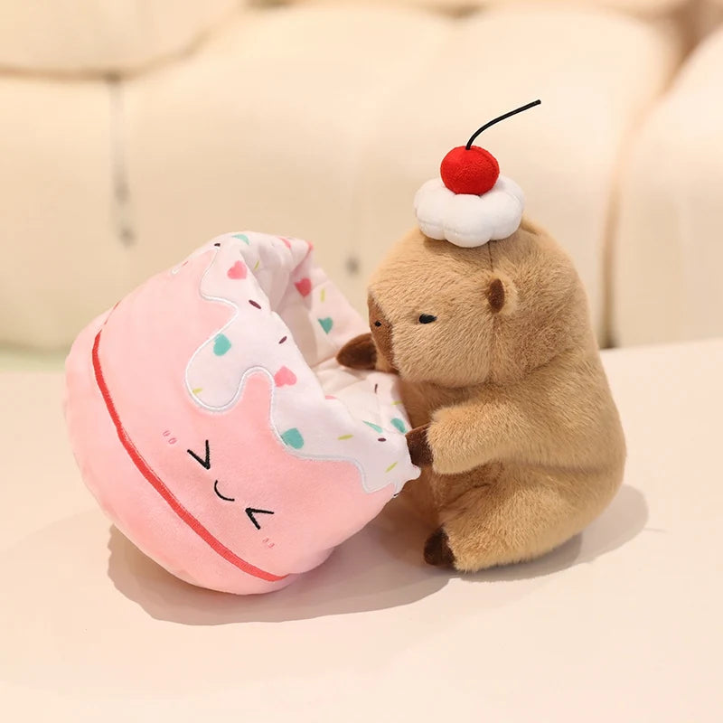 Kawaii plush toy bear holding a pink donut with a cherry on top against a beige background