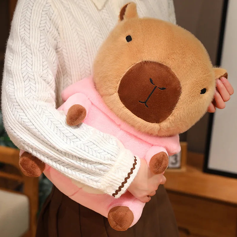 Kawaii plush toy bear wearing a pink sweater held by a person in a blurred indoor setting