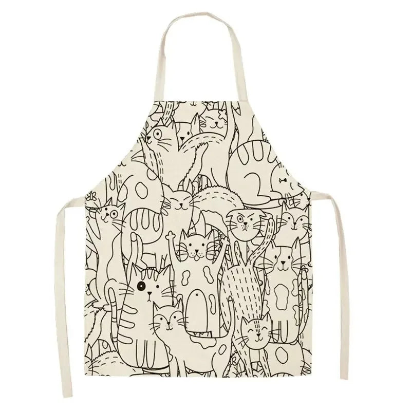 Beige apron with black cat Kawaii illustrations on a white background