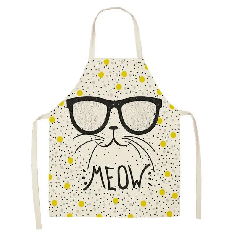 Apron with a cat Kawaii design wearing glasses and the word 'MEOW' on a white background