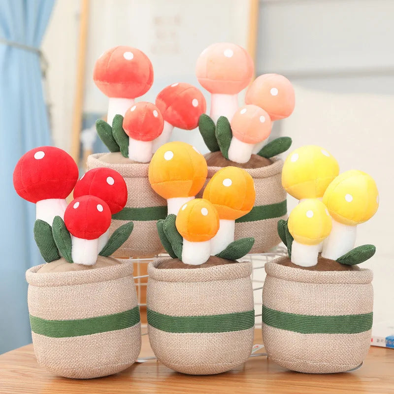 Colorful kawaii mushroom-shaped toys in woven pots on a wooden surface.