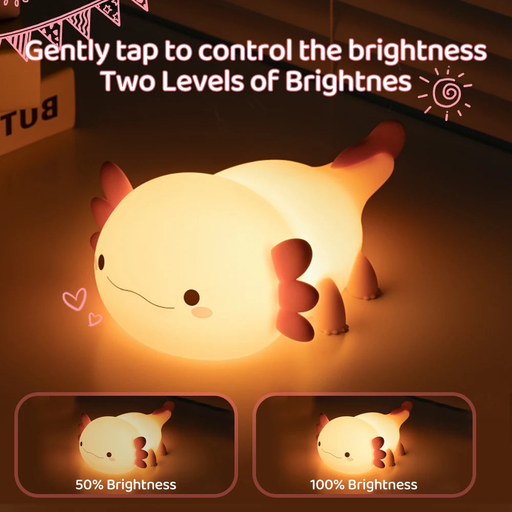 Cute kawaii animal-shaped night light with brightness control text and indicators.