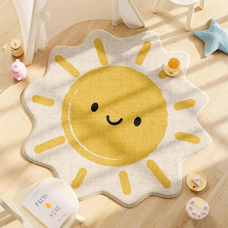Sun-shaped children's kawaii rug on a wooden floor with toys around