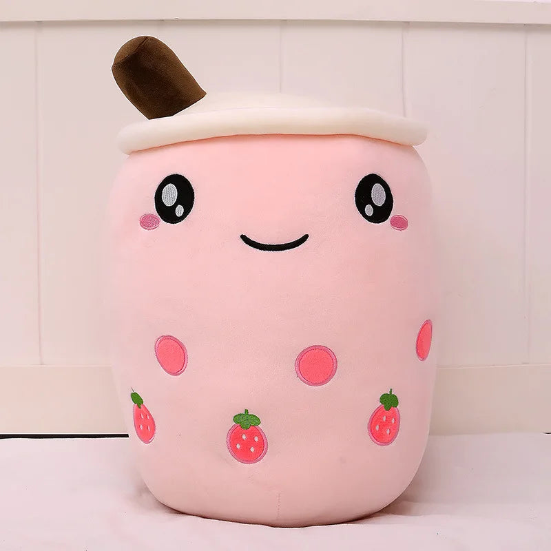 Cute kawaii plush toy with a smiling face and strawberry patterns on a white background