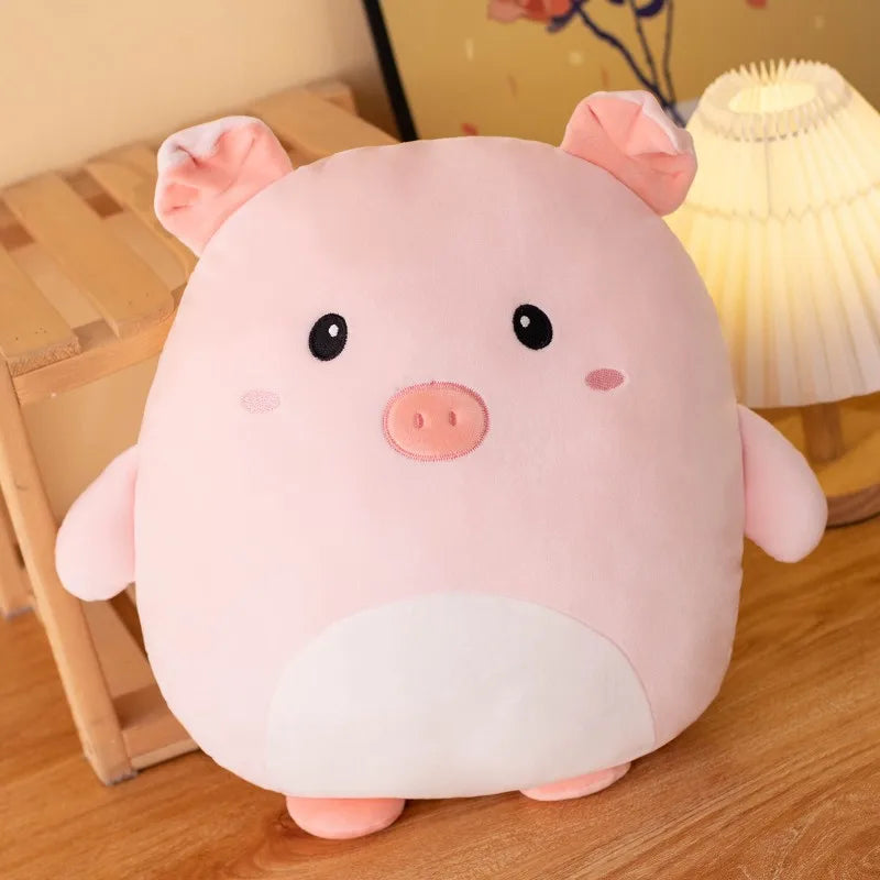 Cute pink pig kawaii plush toy on a wooden surface with a soft focus background