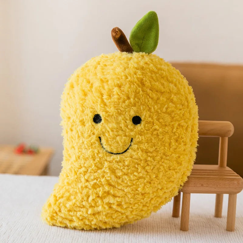 Yellow kawaii plush toy shaped like a pear with a smiling face on a light background