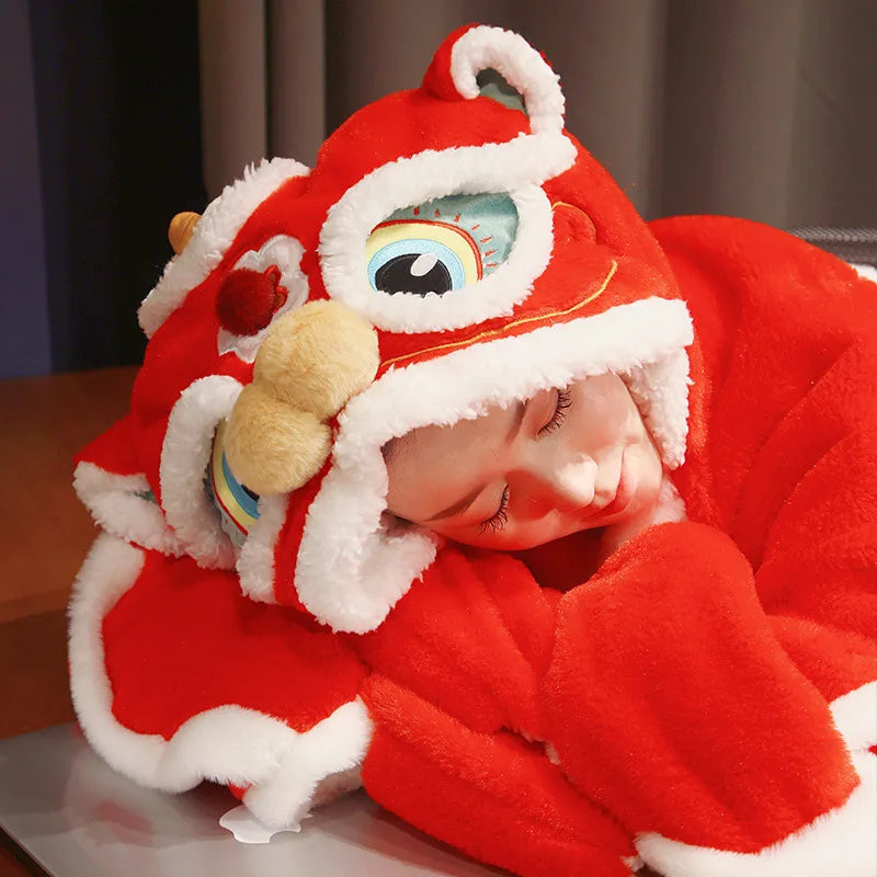 Person wearing a kawaii red lion dance costume with white accents.