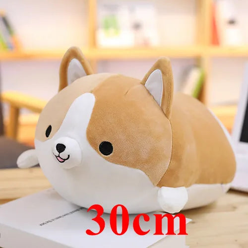 Plush dog kawaii toy with '30cm' text on a blurred indoor background