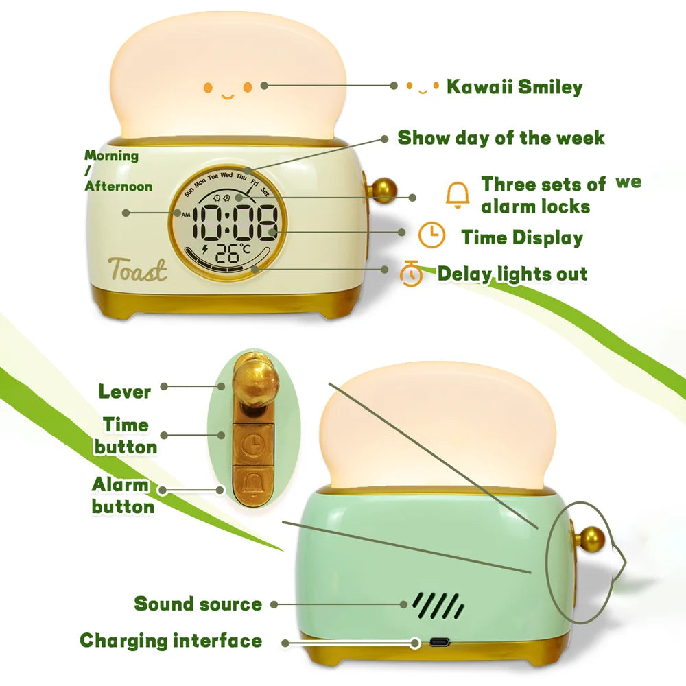 Toaster-shaped alarm clock with Kawaii smiley face and features labeled on a white background