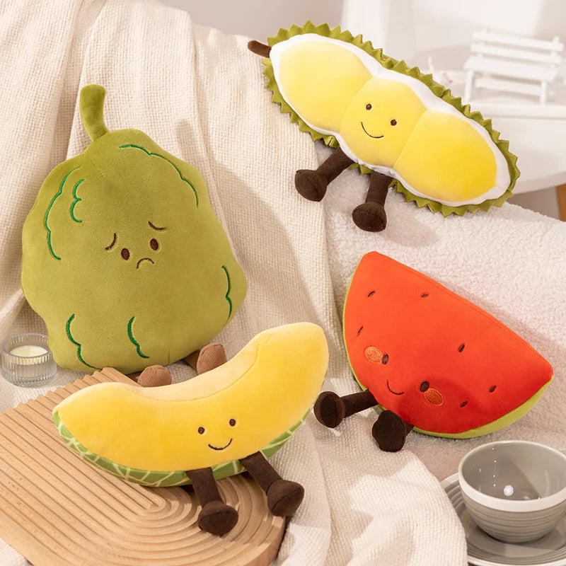 Set of kawaii plush fruit toys including a durian, banana, and watermelon on a light background.