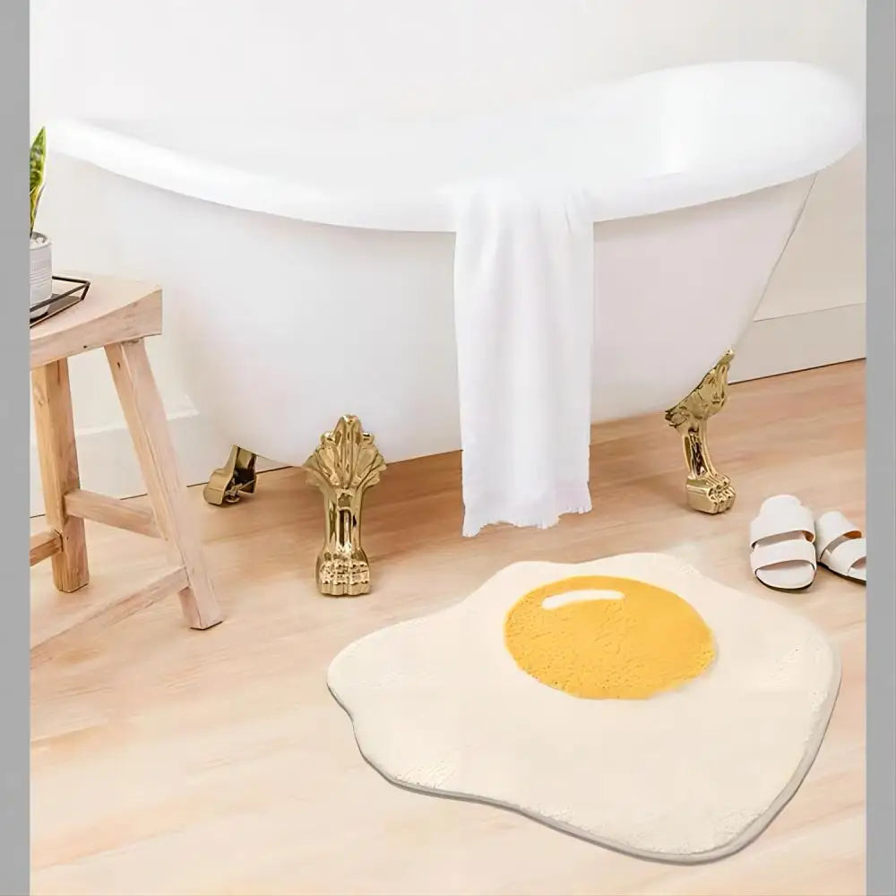 Fried egg-shaped kawaii rug on a wooden floor with a bathtub in the background.
