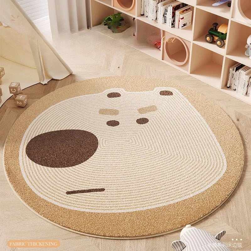 Round kawaii rug with a bear face design in a room with shelves and toys.