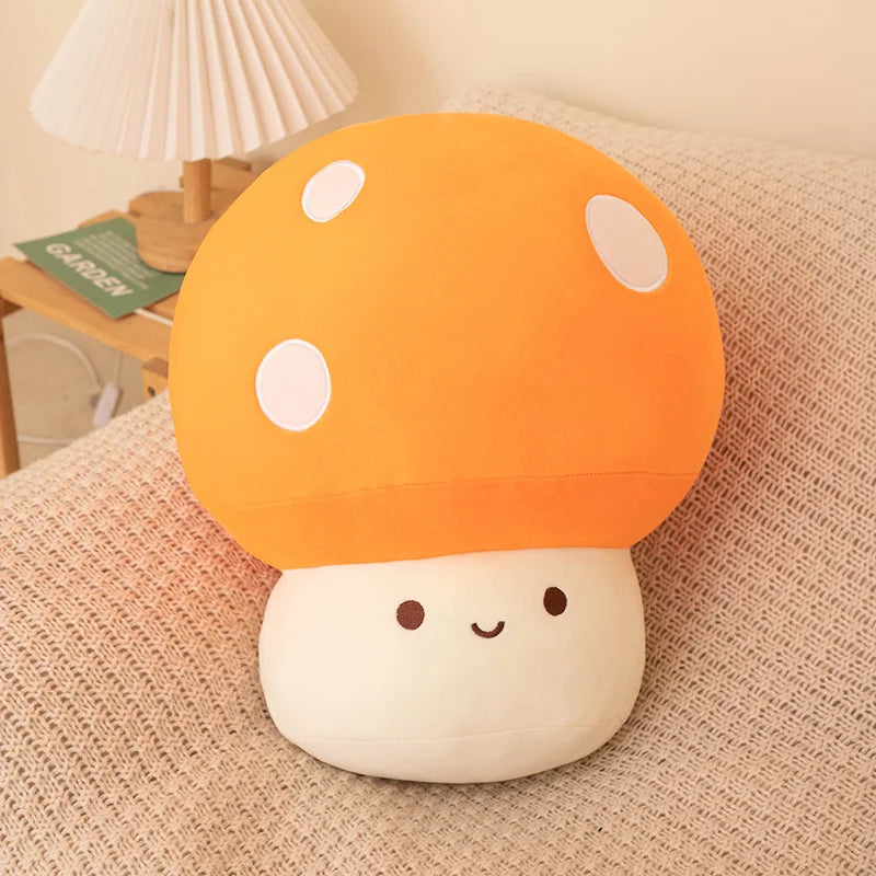 Cute mushroom-shaped plush kawaii toy on a textured surface