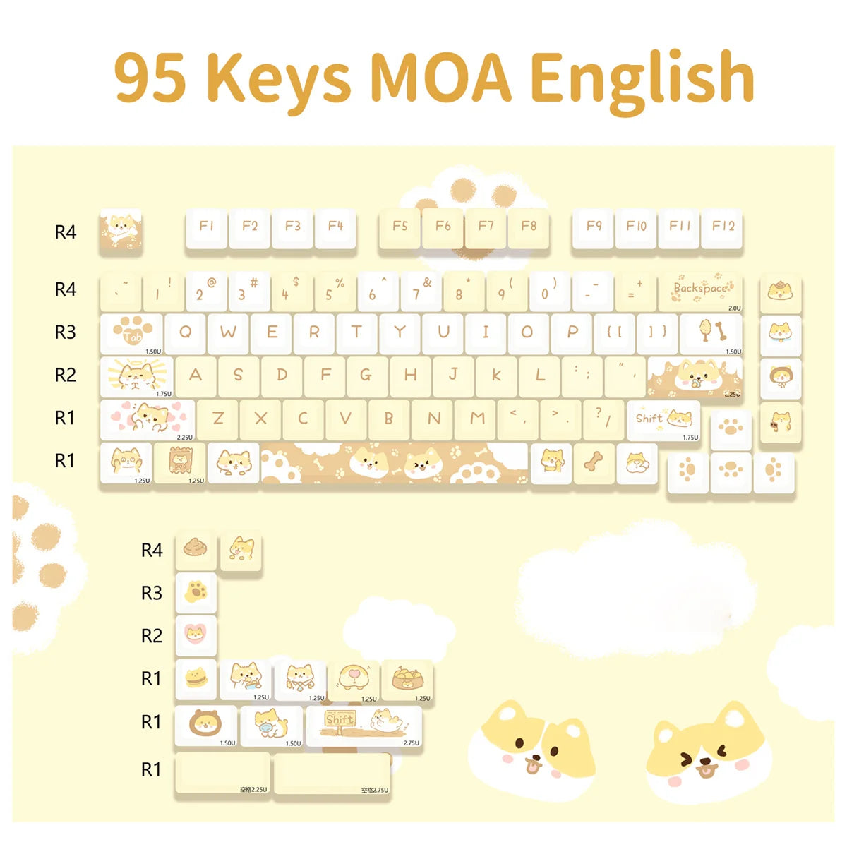 Keyboard layout with Kawaii animal designs on a yellow background