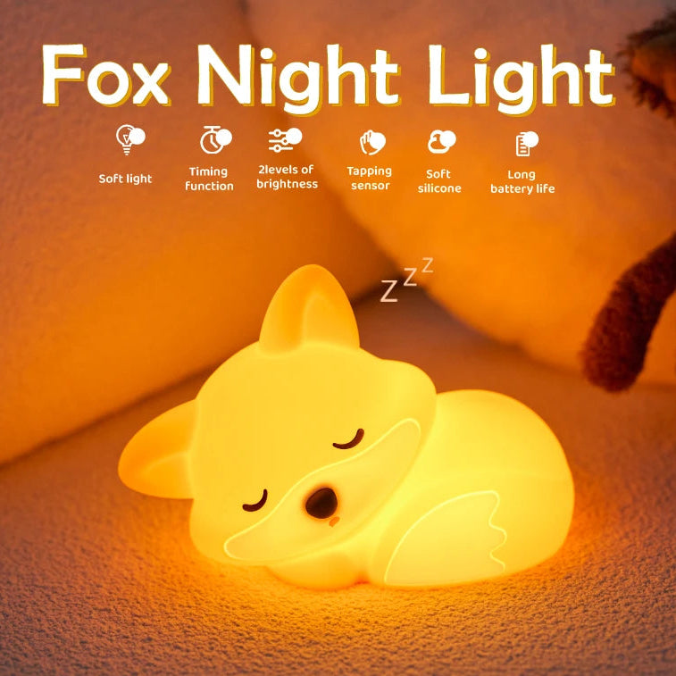 Fox kawaii night light with features listed on a soft background