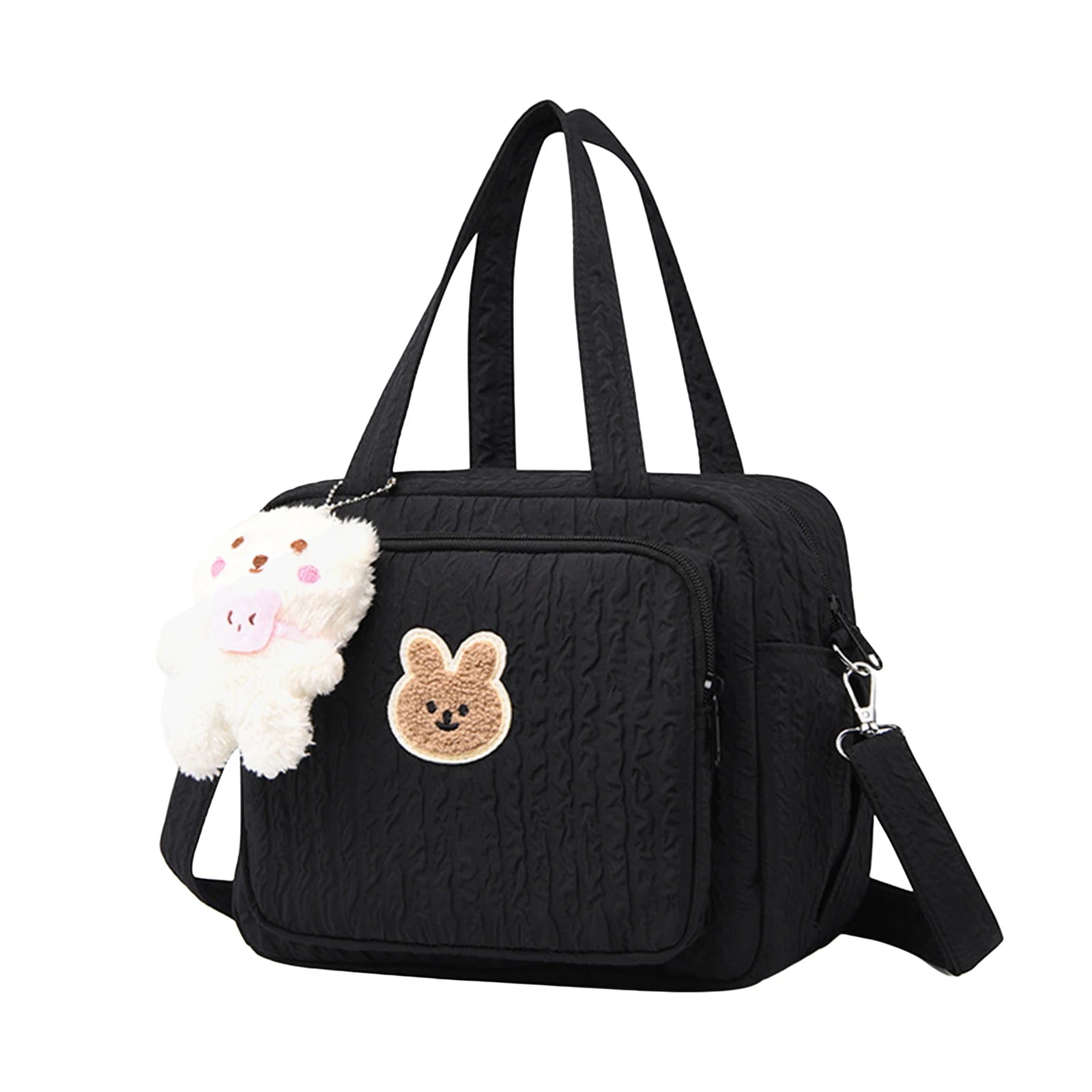 Black quilted handbag with a Kawaii teddy bear design on a white background