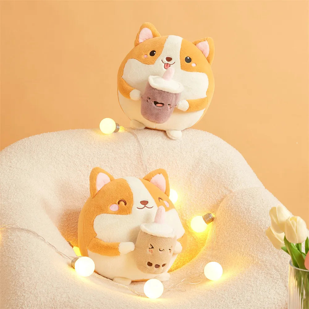 Corgi-themed plush kawaii toys with a small plushie held by one of them, surrounded by string lights on a beige surface.