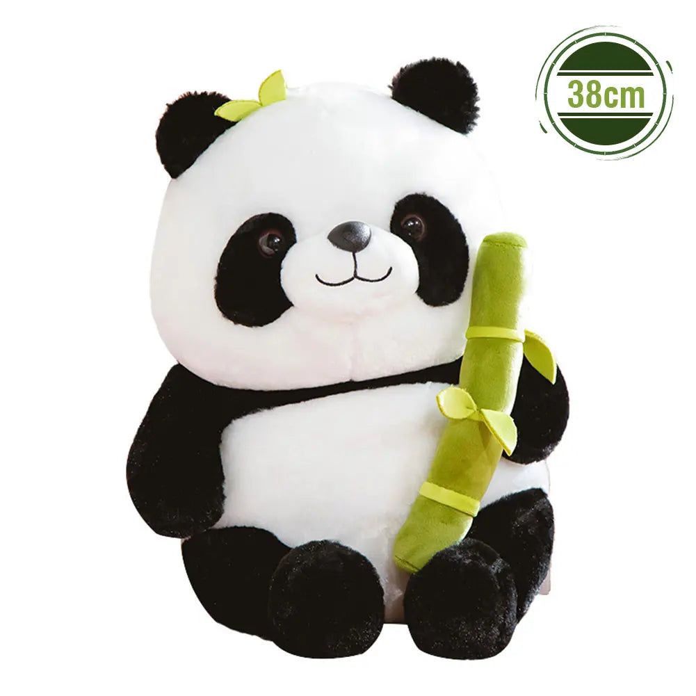 Plush kawaii panda toy holding a bamboo stick with a size label on a white background