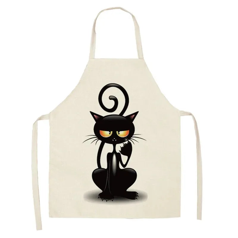 Beige apron with a black cat Kawaii design on a white background