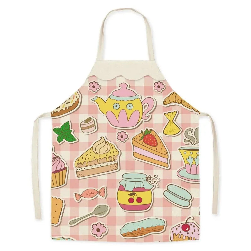 Kawaii apron with a tea party-themed design on a pink checkered background