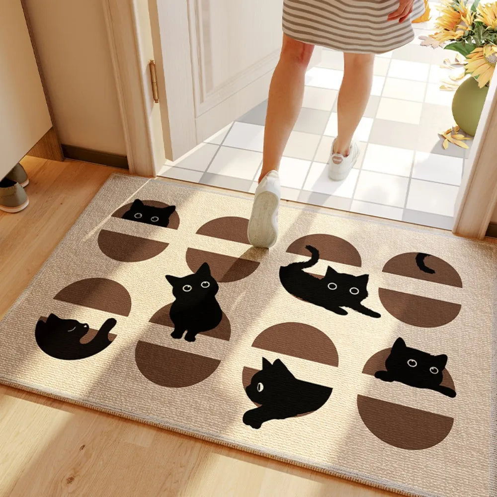 Decorative rug with Kawaii black cat illustrations on a wooden floor.