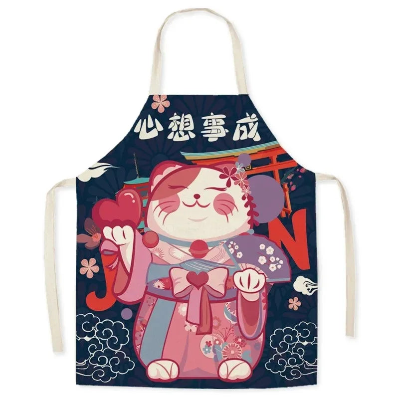 Apron with Kawaii cartoon character holding a heart on a blue background