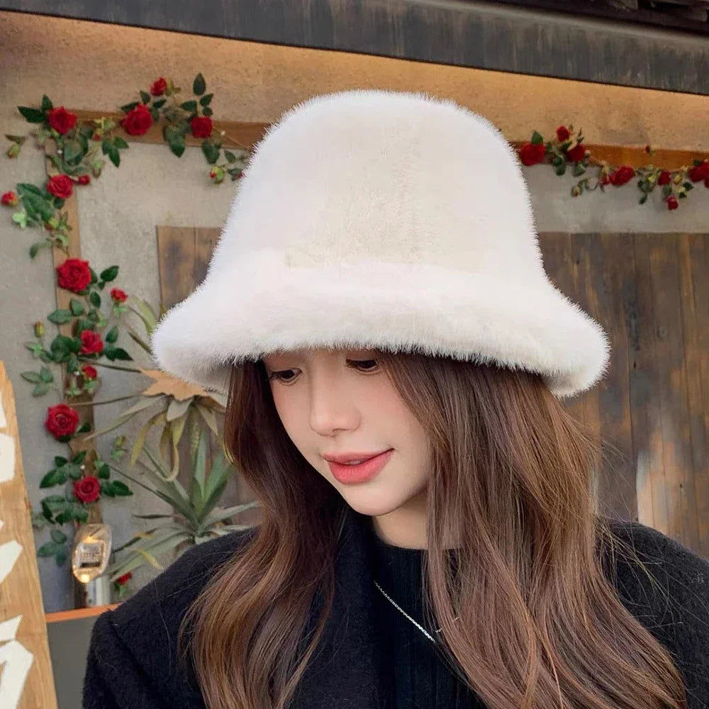 Woman wearing a white Kawaii fluffy hat with a decorative background