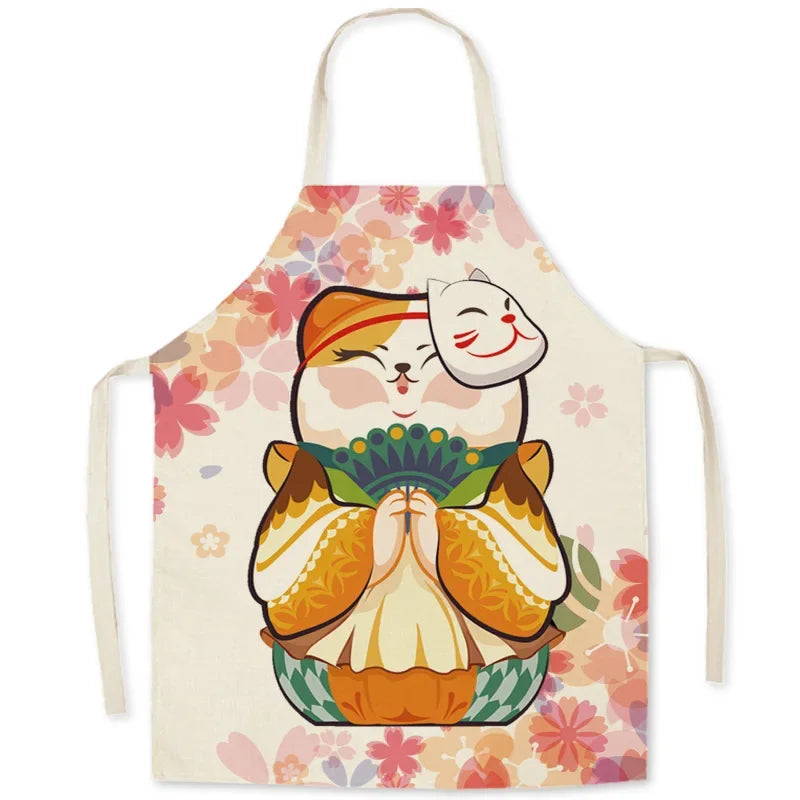 Colorful apron with Kawaii cartoon cat and flower design on a white background