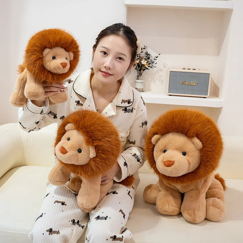 Woman holding two lion kawaii plush toys in a cozy living room setting.