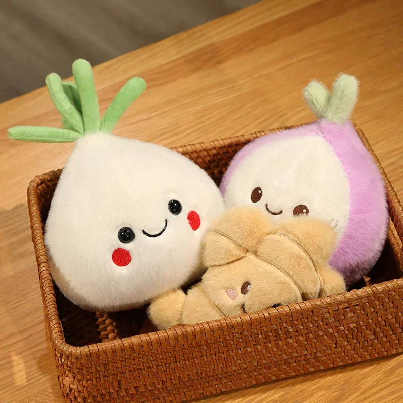 Kawaii plush toys shaped like a white radish, purple eggplant, and beige mushroom in a woven basket on a wooden surface.