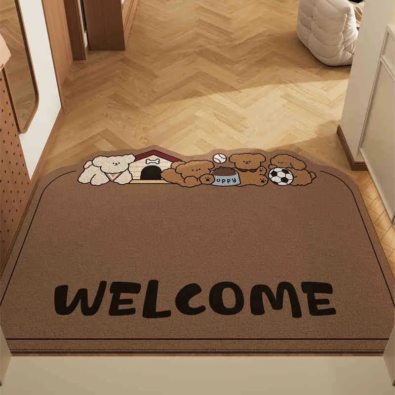 Brown doormat with Kawaii teddy bear design and 'WELCOME' text on a wooden floor.