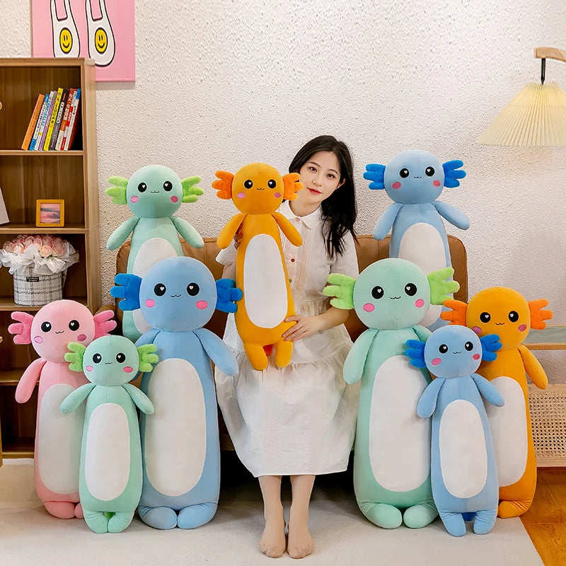 Woman holding a plush toy surrounded by colorful kawaii plush toys on a light-colored floor.