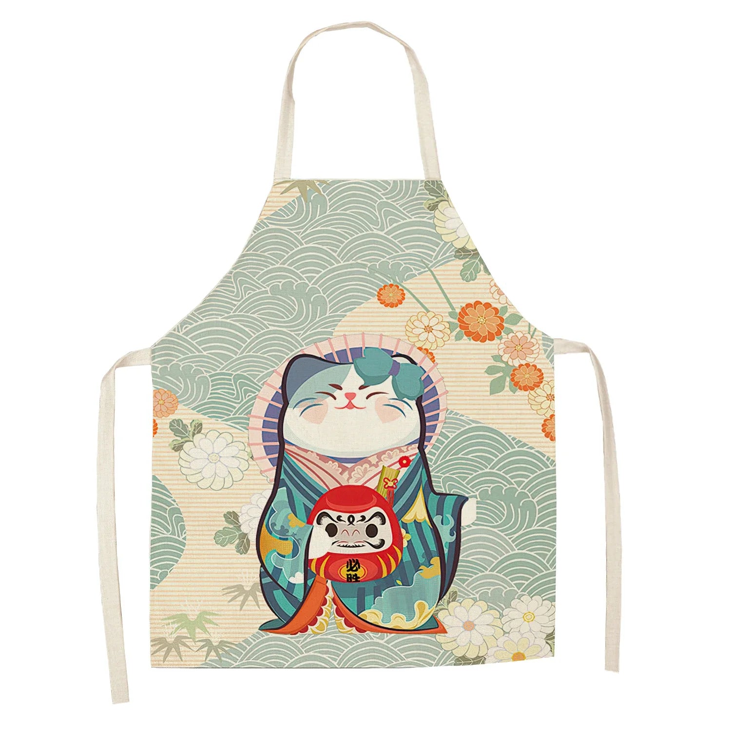 Apron with a colorful design of a cat and floral Kawaii patterns on a white background