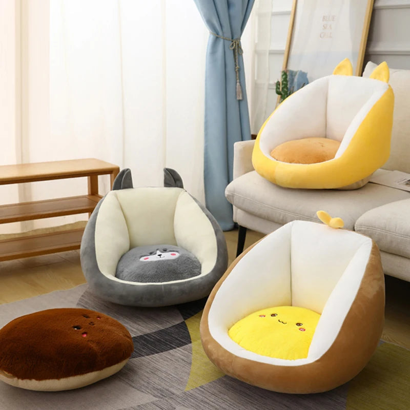 Four cute animal-shaped kawaii cushions in a living room setting.