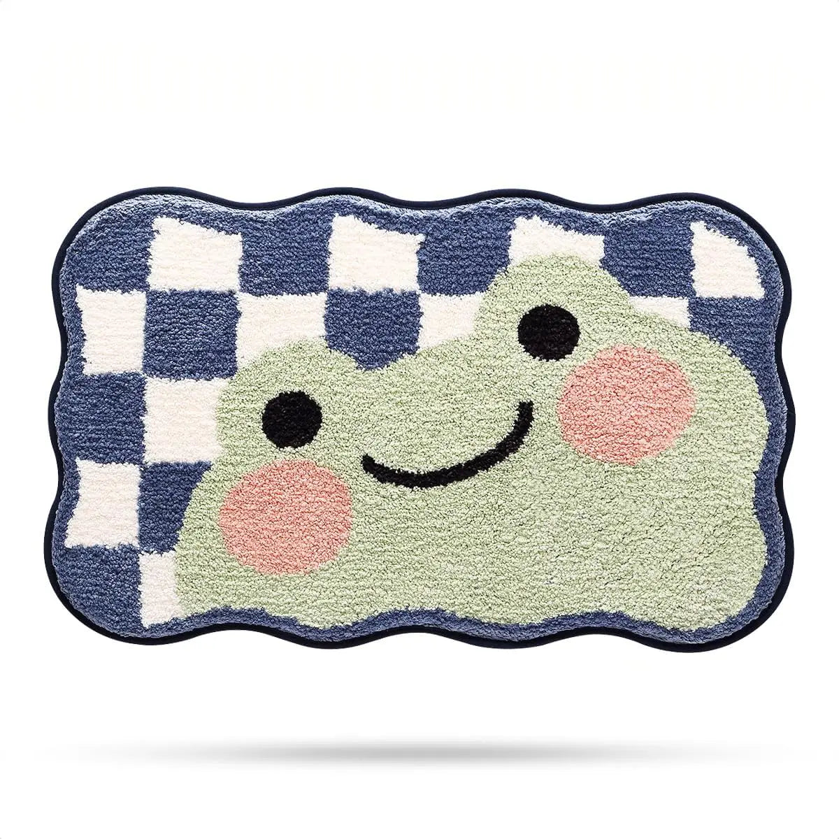 Kawaii-style smiley face bath mat with checkered border on a white background