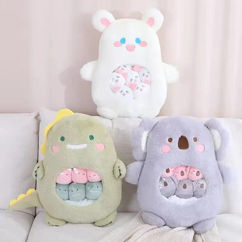 Three kawaii plush toys with cartoonish faces on a light background