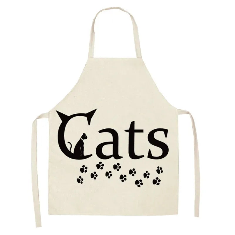 Beige Kawaii apron with 'Cats' and paw print design on a white background