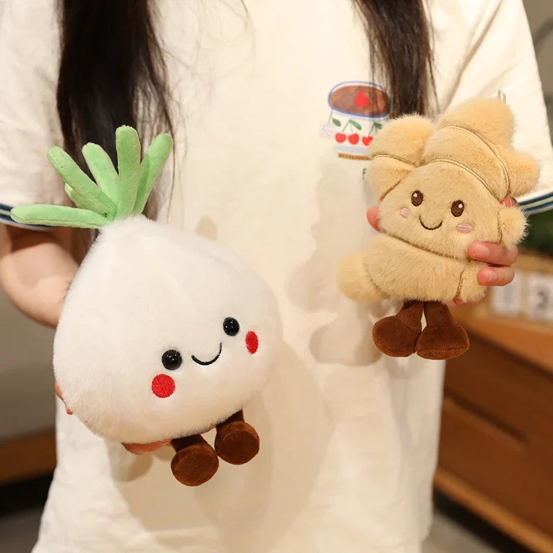 Two kawaii plush toys, one resembling a white radish with a face and the other a brown bear, held by a person.
