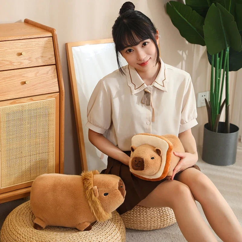 Woman holding kawaii plush toys in a room with wooden furniture and a plant.
