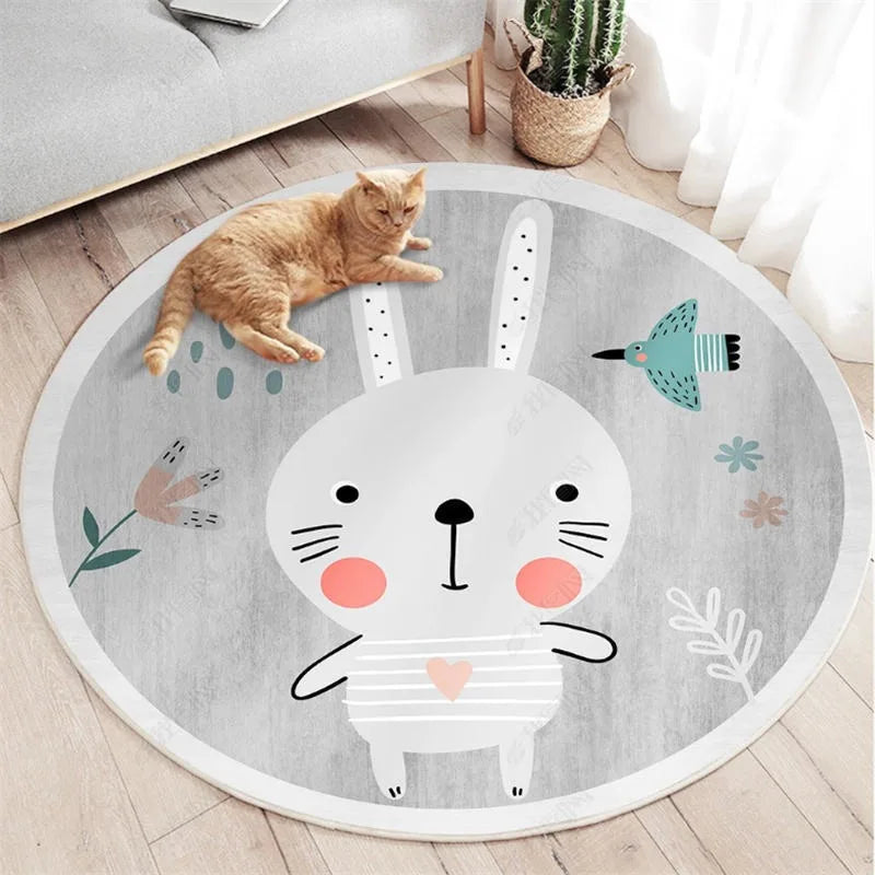 Round kawaii rug with a cartoon bunny design on a wooden floor, featuring a cat lying on it.