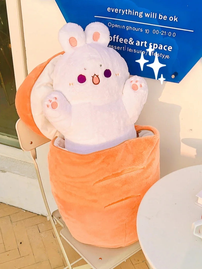 Plush kawaii toy in an orange bag with a sign in the background