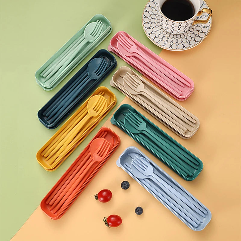 Set of kawaii colorful travel cutlery sets on a multicolored background