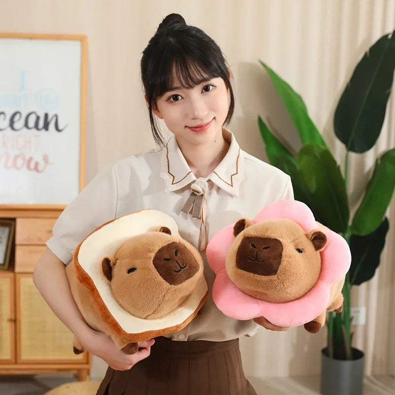 Person holding two bear-shaped kawaii plush toys, one in each hand, in a room with decor elements.