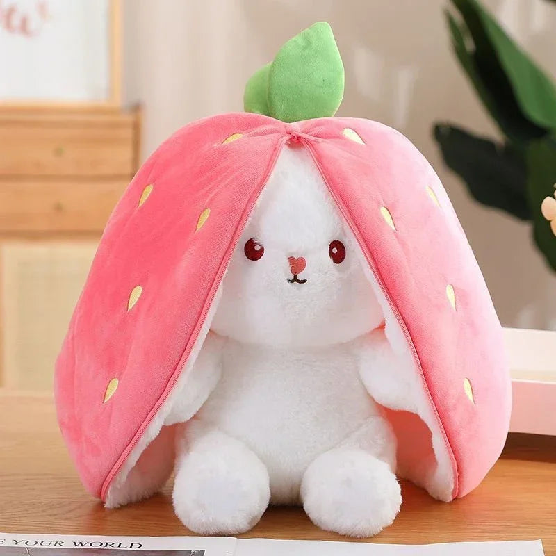 Plush toy with a strawberry kawaii design on a wooden surface