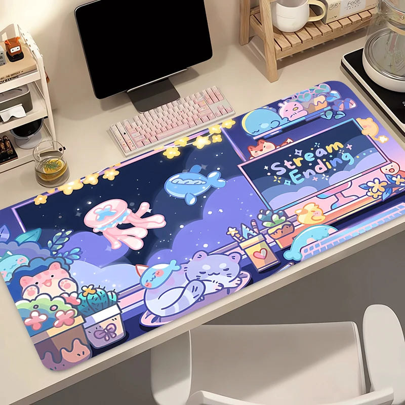 Kawaii-themed desk mat with cartoon characters on a desk setup.