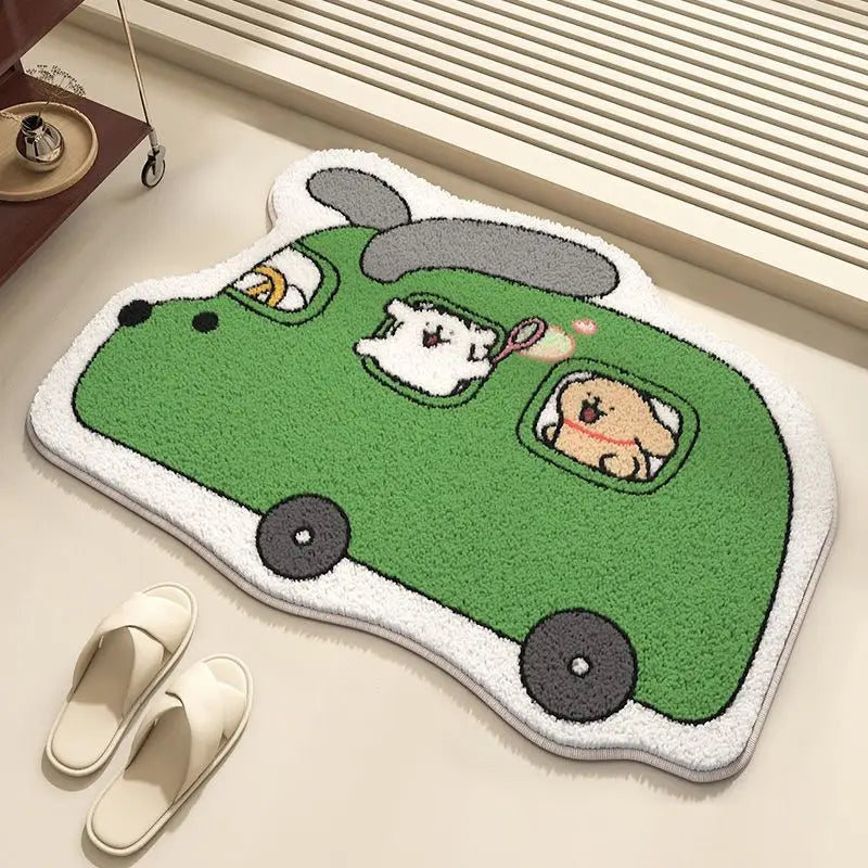 Car-shaped Kawaii rug with cartoon characters on a beige floor