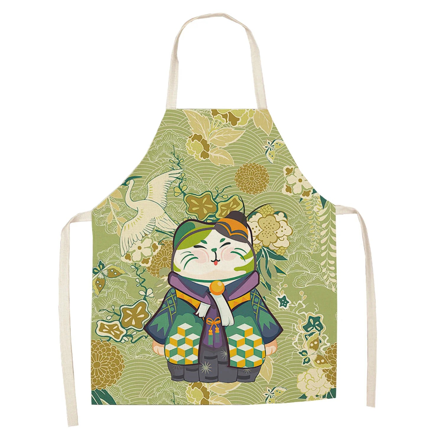 Apron with a cartoon character Kawaii design on a green floral background